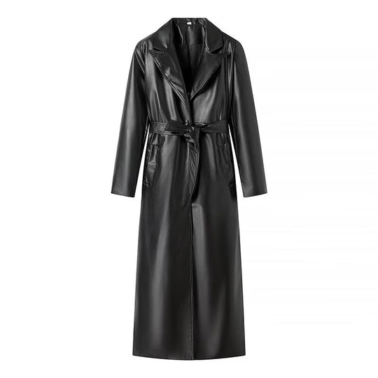 Damen elegante Kunstleder-Trenchcoat mit Gürtel R&B