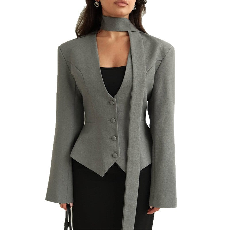 Damen Blazer mit hochgeschlossenem Kragen und voluminösen Ärmeln R&B