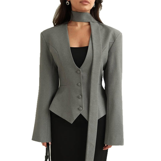Damen Blazer mit hochgeschlossenem Kragen und voluminösen Ärmeln R&B