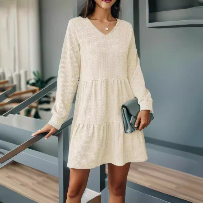 Damen Strickkleid mit V-Ausschnitt und voluminösem Rock R&B
