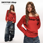 Damen nan schulterfreier Oversize-Sweatshirt mit großem Frontprint und legeren Ballonärmeln R&B