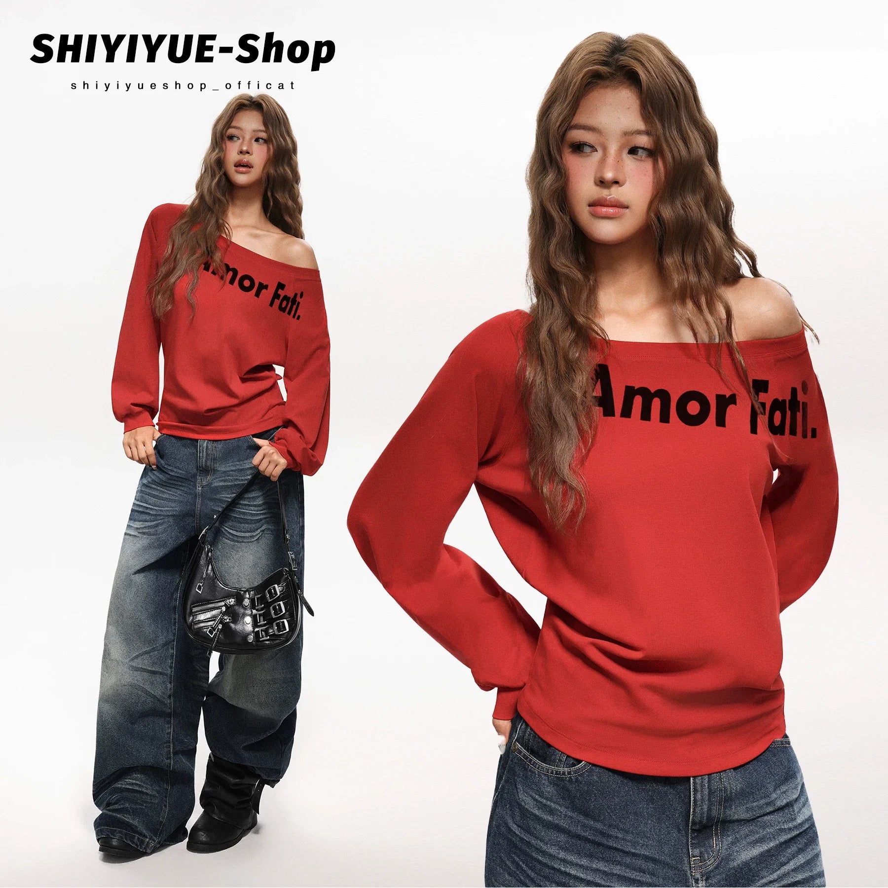Damen nan schulterfreier Oversize-Sweatshirt mit großem Frontprint und legeren Ballonärmeln R&B