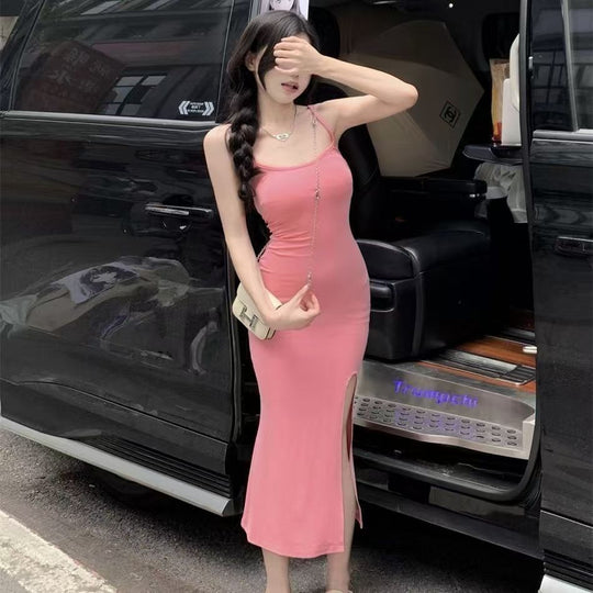 Damen figurbetontes Midi-Kleid mit Spaghetti-Trägern und hohem Schlitz R&B