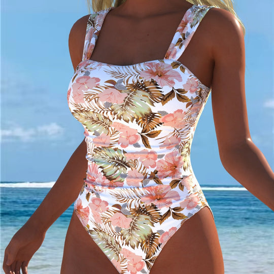 Damen Einteiliger Badeanzug mit floralen Akzenten und breiten Trägern R&B