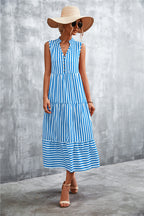 Damen Maxikleid mit gestreiftem Design, durchgehendem Knopfverschluss und voluminösem Saum R&B