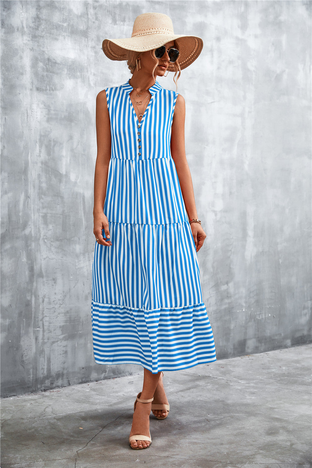 Damen Maxikleid mit gestreiftem Design, durchgehendem Knopfverschluss und voluminösem Saum R&B