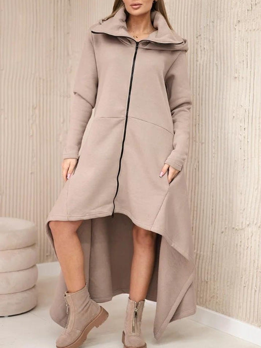 Damen nan asymmetrisches Sweatkleid mit hohem Stehkragen, durchgehendem Reißverschluss und verlängertem Rückensaum R&B