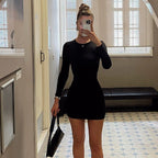 Damen figurbetontes Minikleid mit langen Ärmeln und schickem Rundhalsausschnitt R&B