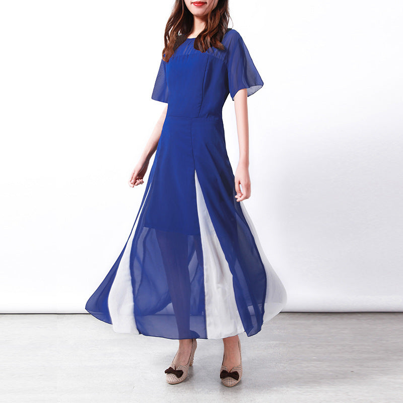 Damen Maxi-Langarmkleid mit transparenten Ärmeln und seitlichem Schlitz R&B