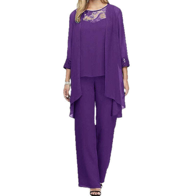 Damen nan fließendes Chiffon-Abendensemble mit Spitzenbesatz, Kimono-Cardigan und weiter Palazzohose R&B