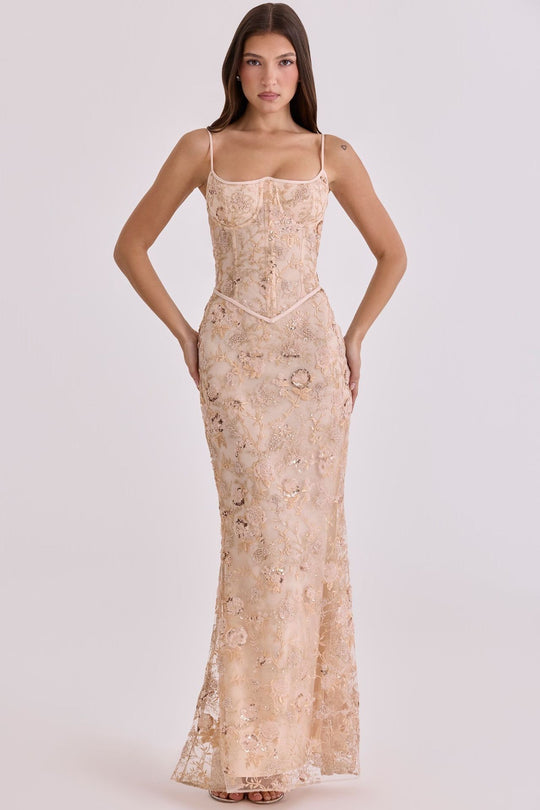 Damen nan elegantes besticktes Abendkleid mit Korsettoberteil und transparentem Spitzenüberzug R&B