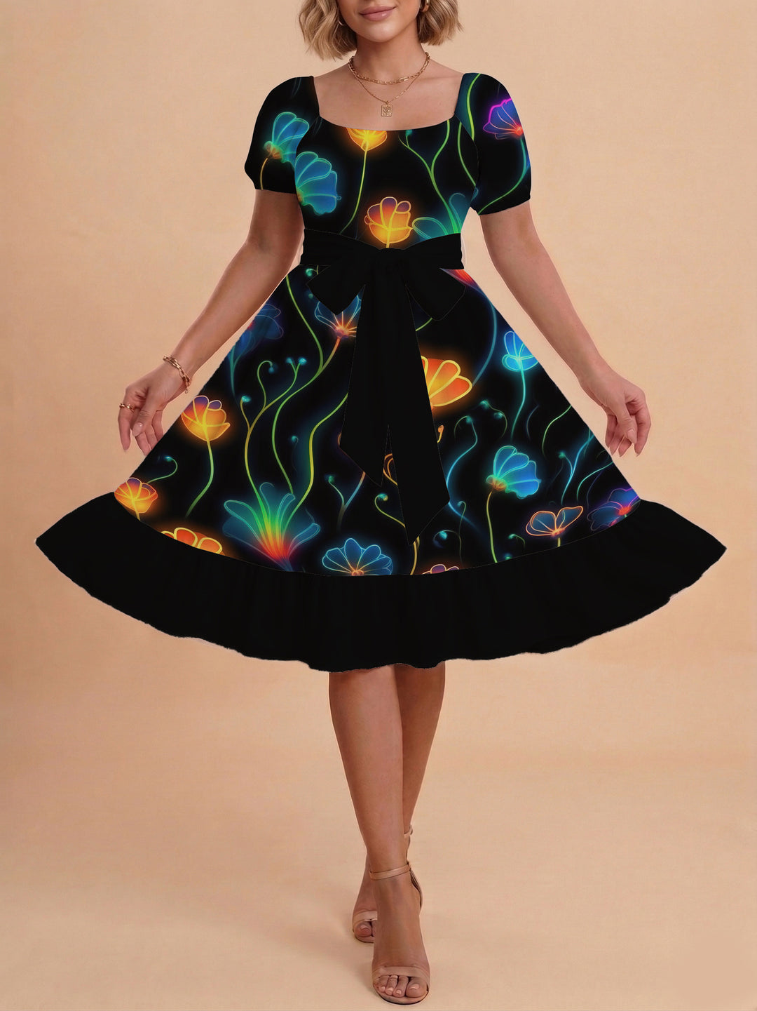 Damen Sommerkleid mit floralem Puffärmel und taillierbarem Gürtel R&B