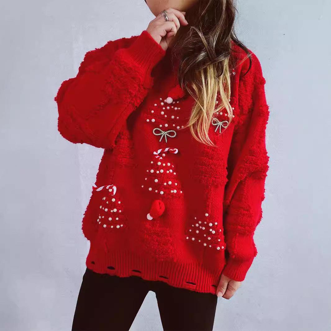 Damen festlicher Pullover mit kreativen Weihnachtsmotiven und strukturiertem Design R&B
