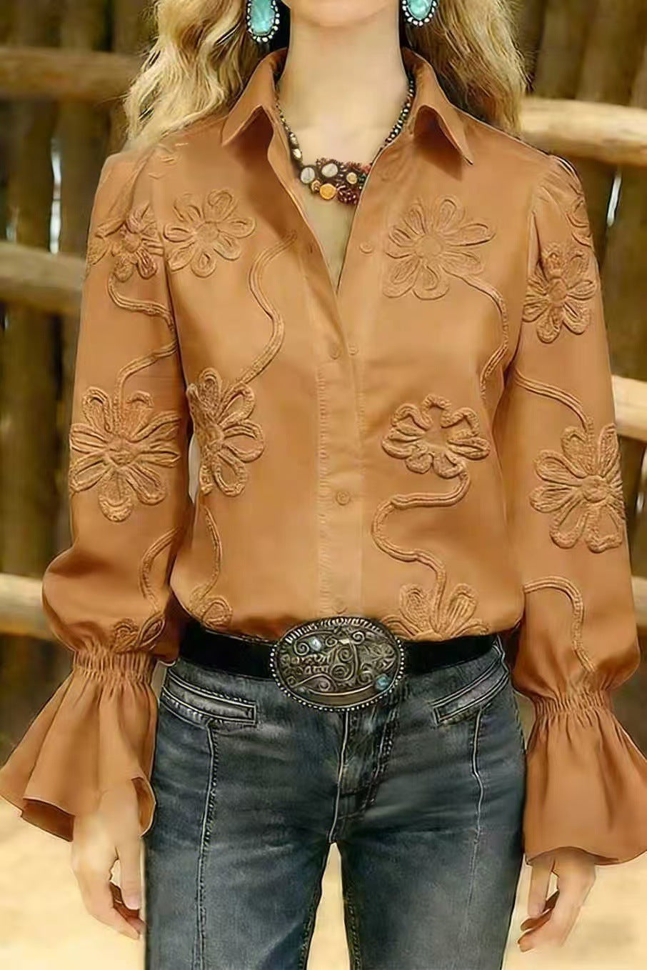 Damen elegante Bluse mit floraler Stickerei und voluminösen Ärmeln R&B
