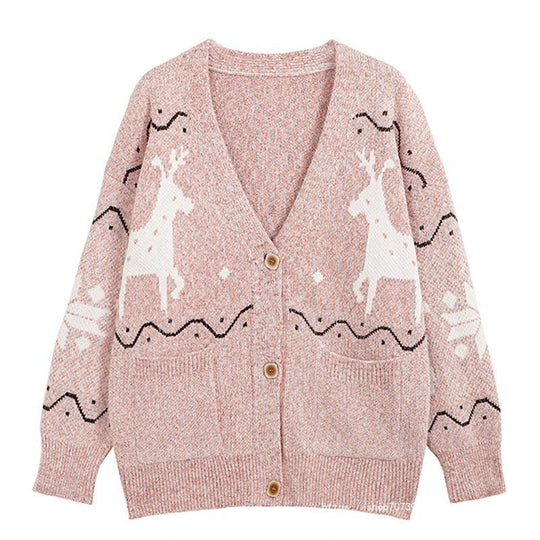 Damen Gemütlicher Cardigan mit Rentier-Motiv und Taschen R&B