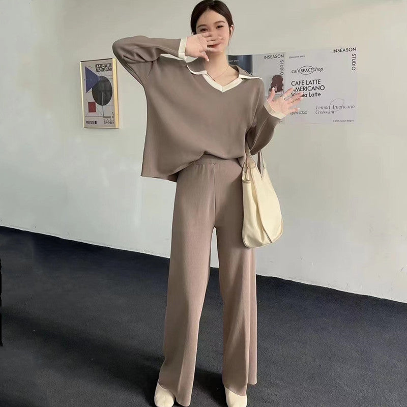 Damen elegantes und lässiges Strickensemble mit V-Ausschnitt und breitem Saum R&B