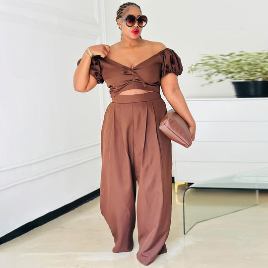 Damen Crop-Top und Palazzo-Hosen Set mit voluminösen Ärmeln und eleganten Falten R&B