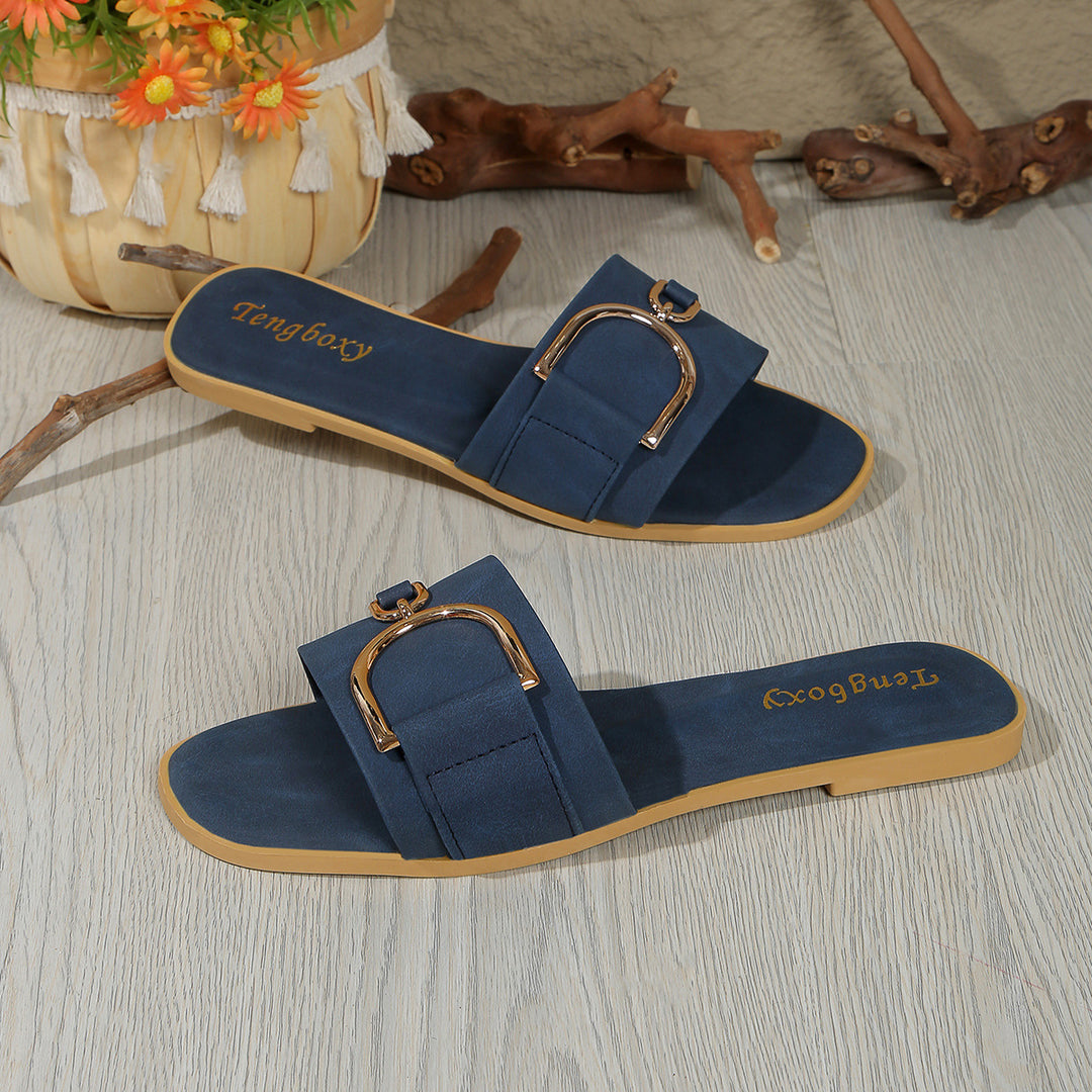 Damen elegante Slide-Pantoletten mit dekorativem Metall-Detail R&B