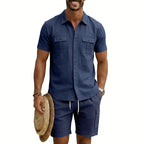 Herren nan sommerliches Freizeitset aus Baumwoll-Leinenmix mit Kurzarm-Hemd und Cargo-Shorts R&B