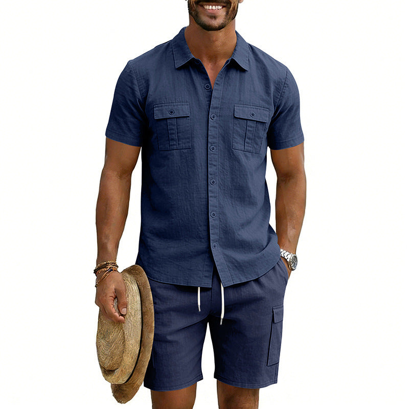 Herren nan sommerliches Freizeitset aus Baumwoll-Leinenmix mit Kurzarm-Hemd und Cargo-Shorts R&B