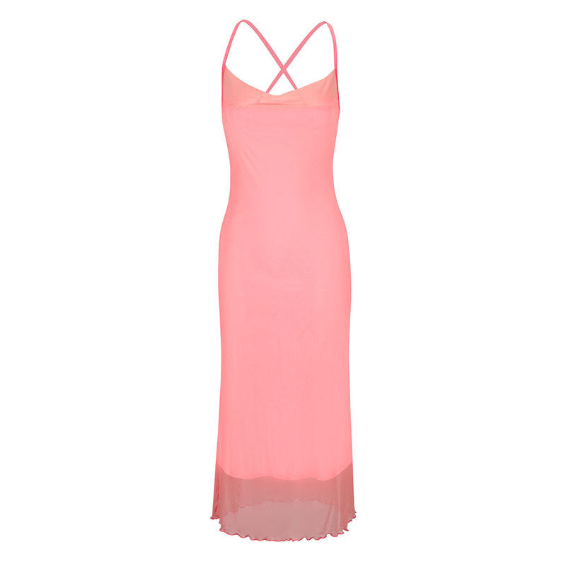 Damen Maxikleid mit zarten Spaghettiträgern und transparentem Saum R&B