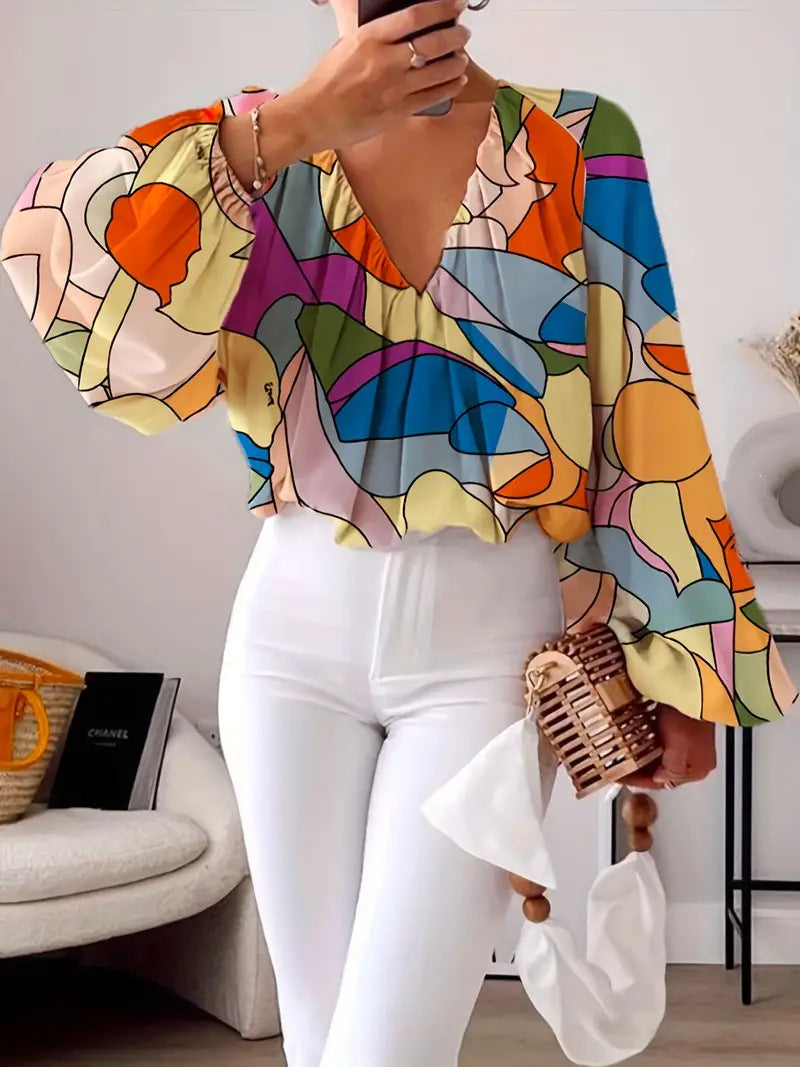 Damen Bluse mit V-Ausschnitt und modischem Grafikdesign R&B