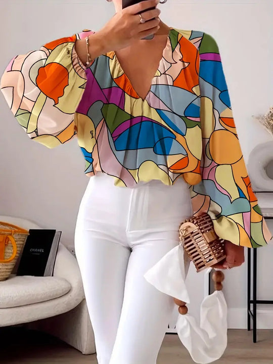 Damen Bluse mit V-Ausschnitt und modischem Grafikdesign R&B