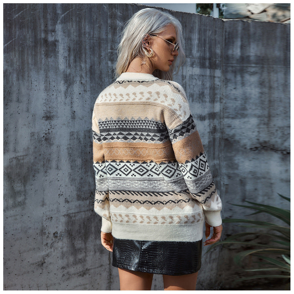 Damen Grobstrickpullover mit ethnischem Muster und weitem Schnitt R&B