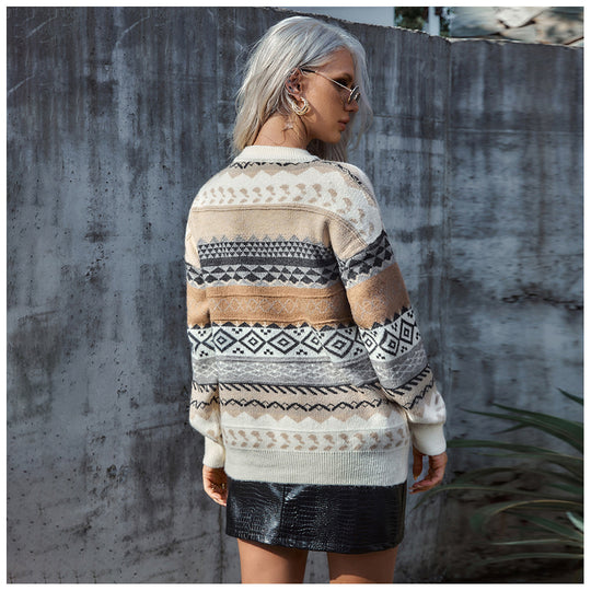 Damen Grobstrickpullover mit ethnischem Muster und weitem Schnitt R&B