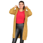 Damen Langer Strickmantel mit elegantem Zopfmuster und Kapuze R&B