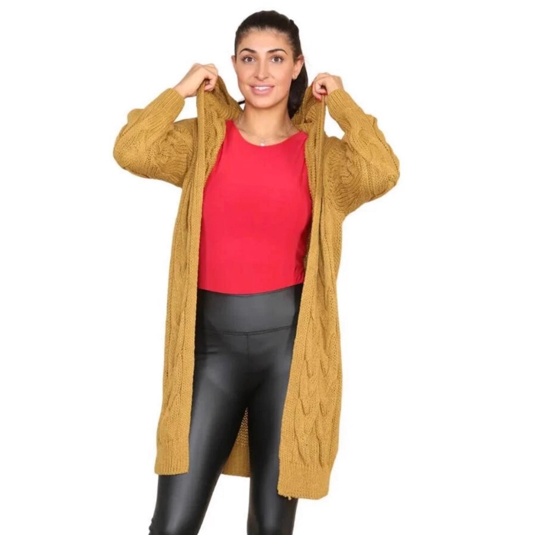 Damen Langer Strickmantel mit elegantem Zopfmuster und Kapuze R&B