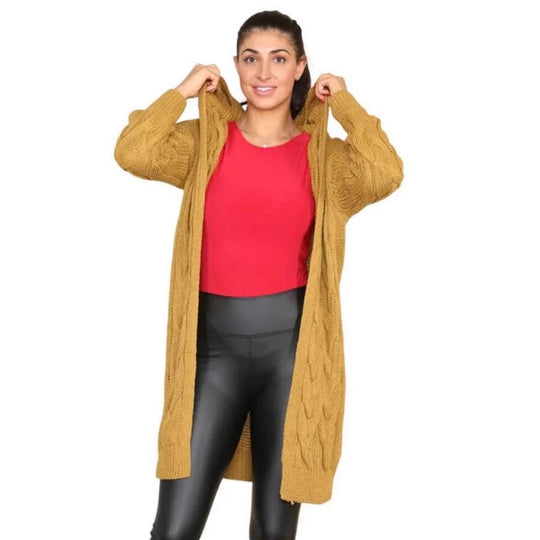 Damen Langer Strickmantel mit elegantem Zopfmuster und Kapuze R&B