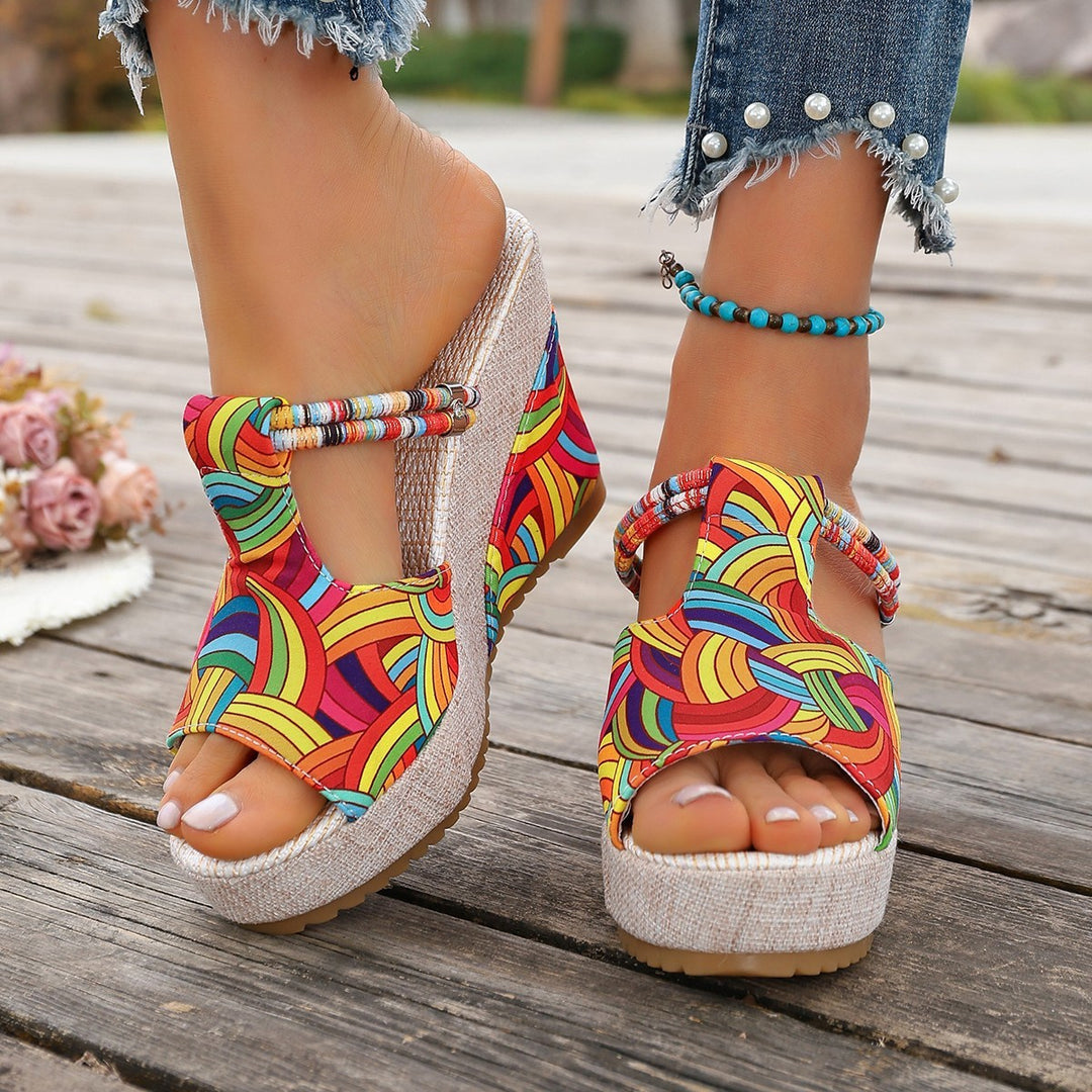 Damen modische Wedge-Sandalen mit buntem Mustermix und bequemer Sohle R&B