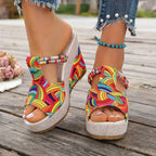 Damen modische Wedge-Sandalen mit buntem Mustermix und bequemer Sohle R&B