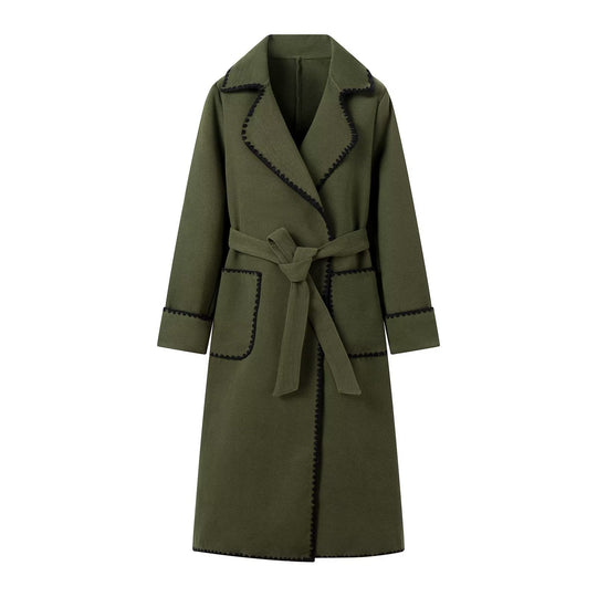 Damen elegante Übergangsjacke mit dekorativem Gürtel und hochwertigen Taschen R&B