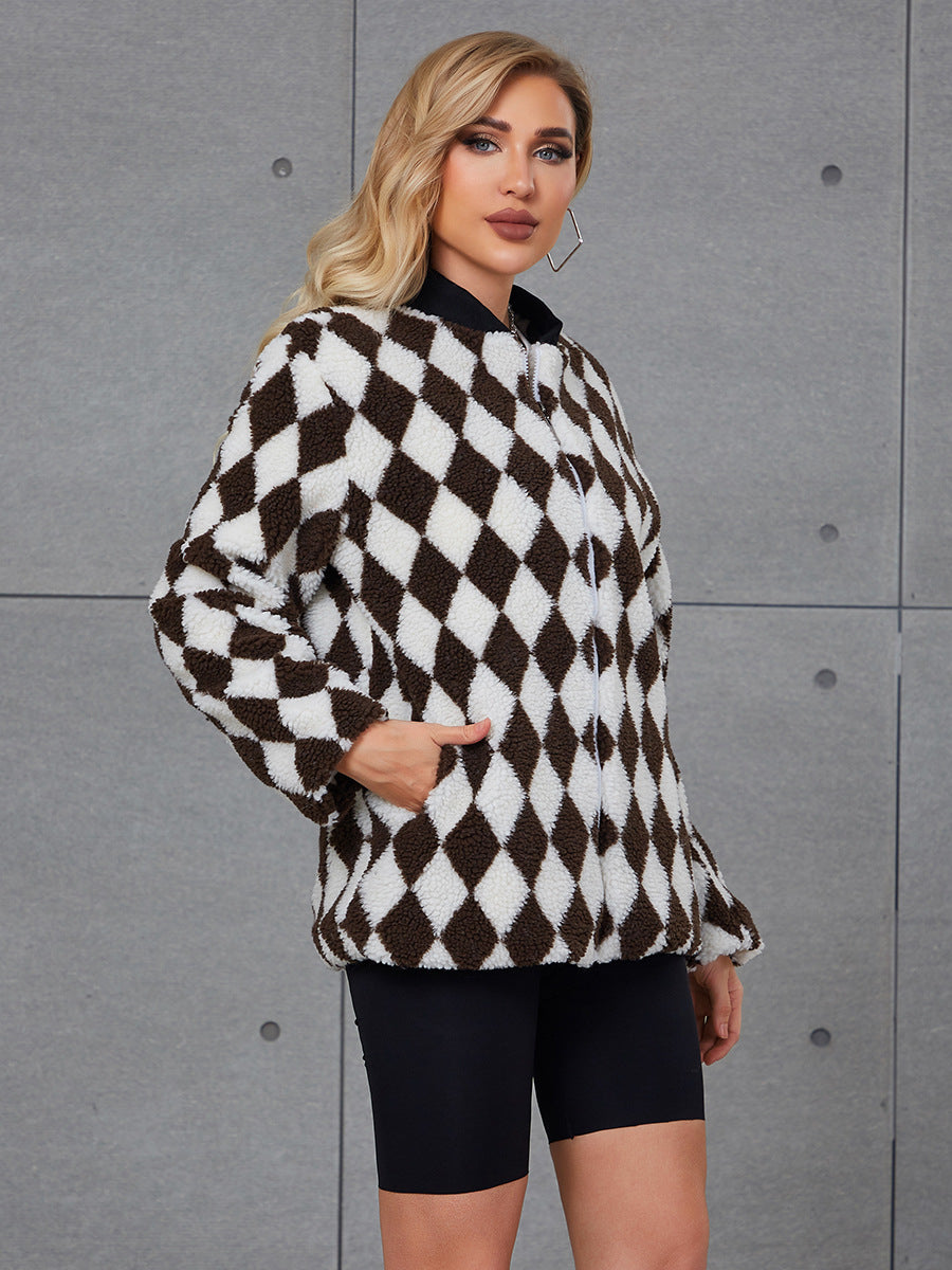 Damen Flauschige Steppjacke mit modernem Karomuster und praktischen Taschen R&B
