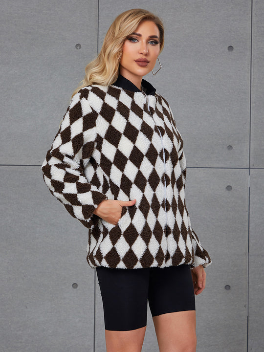 Damen Flauschige Steppjacke mit modernem Karomuster und praktischen Taschen R&B