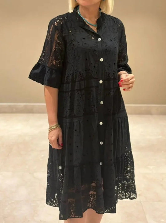 Damen nan romantisches Midikleid mit Broderie-Anglaise, durchgeknöpftem Oberteil, Stehkragen, halblangen Volantärmeln und stufigem Saum R&B