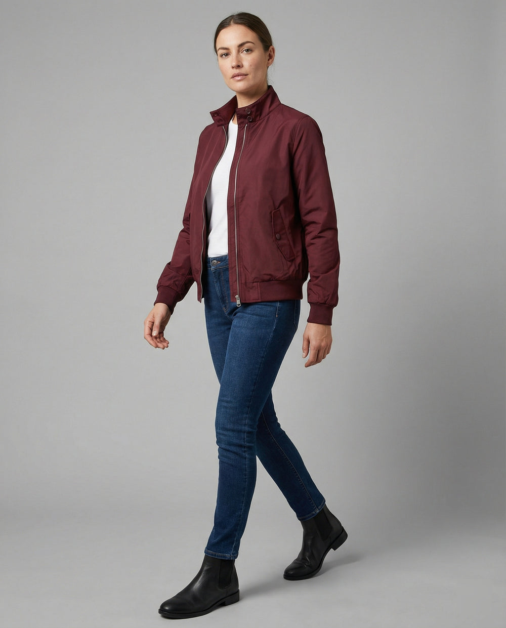 Damen leichte Stehkragen-Übergangsjacke mit Frontreißverschluss und Nahttaschen R&B