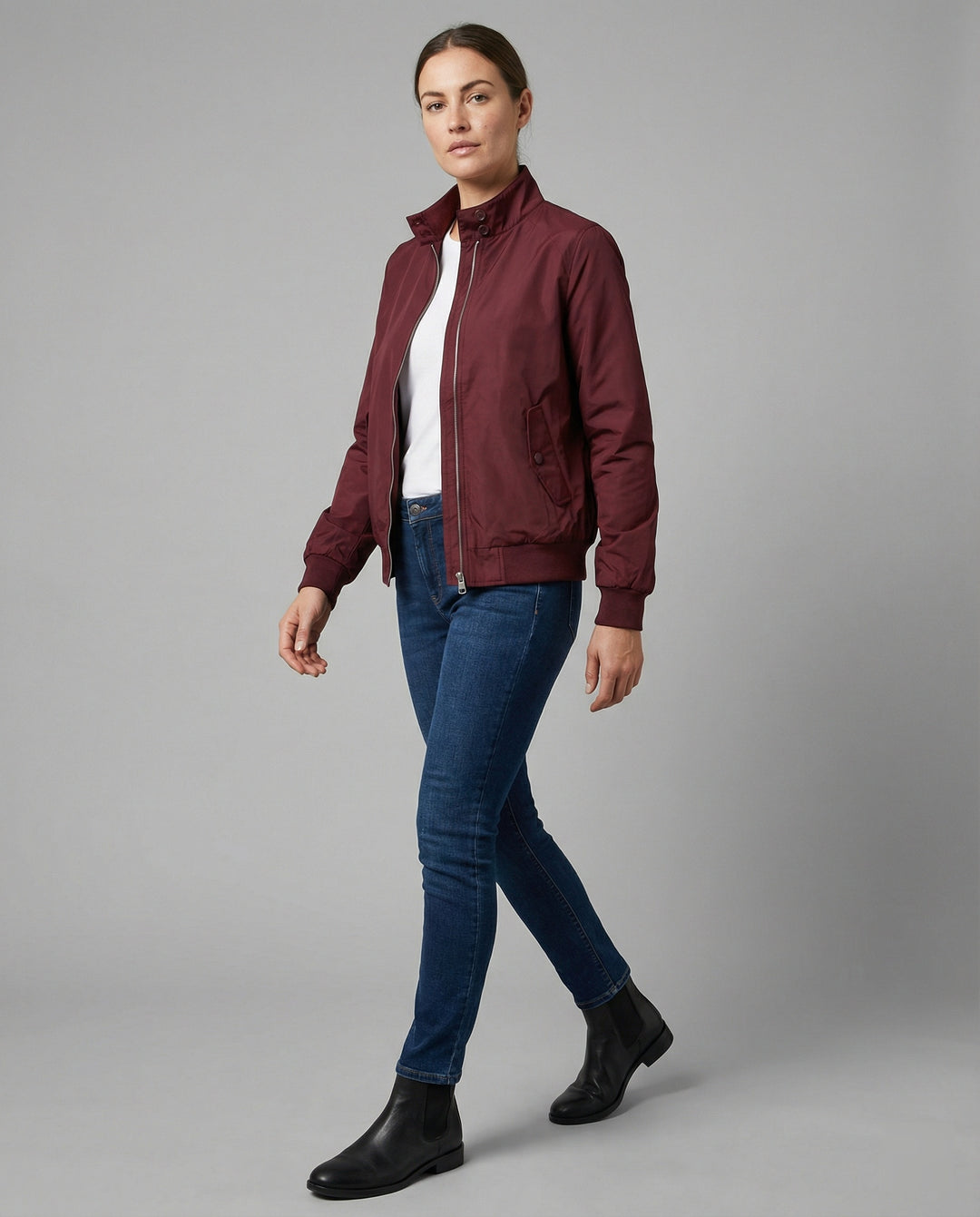 Damen leichte Stehkragen-Übergangsjacke mit Frontreißverschluss und Nahttaschen R&B