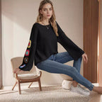 Damen gestreifter Strickpullover mit bunten Blumenapplikationen R&B