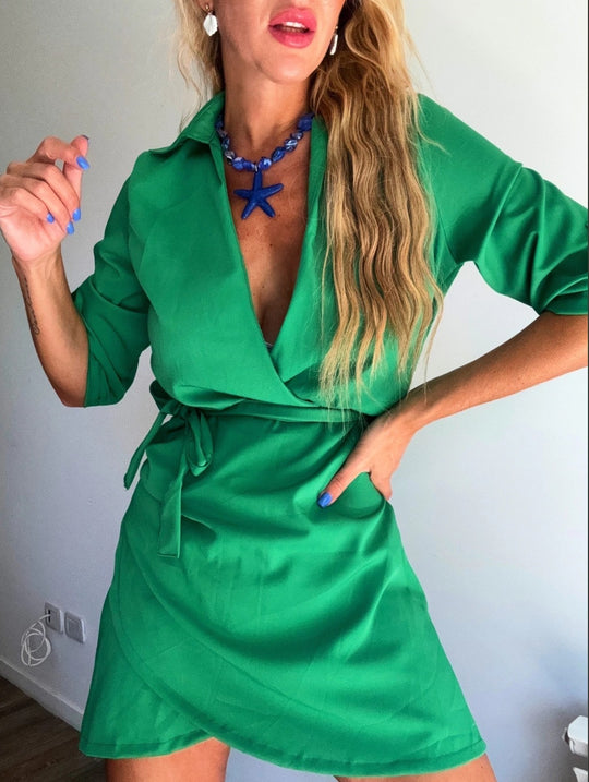 Damen Wickelkleid mit tiefem V-Ausschnitt und Taillengürtel R&B