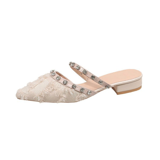 Damen elegante Mules mit schimmerndem Riemen und Fransen R&B