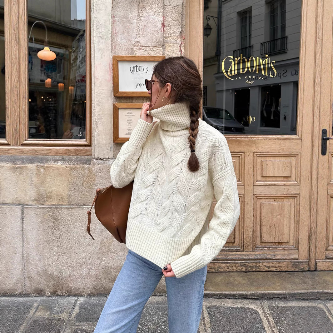 Damen gemütlicher Pullover mit hohem Kragen und Kabelstrick R&B