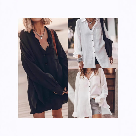 Damen lässige Oversized-Bluse aus Leinen R&B