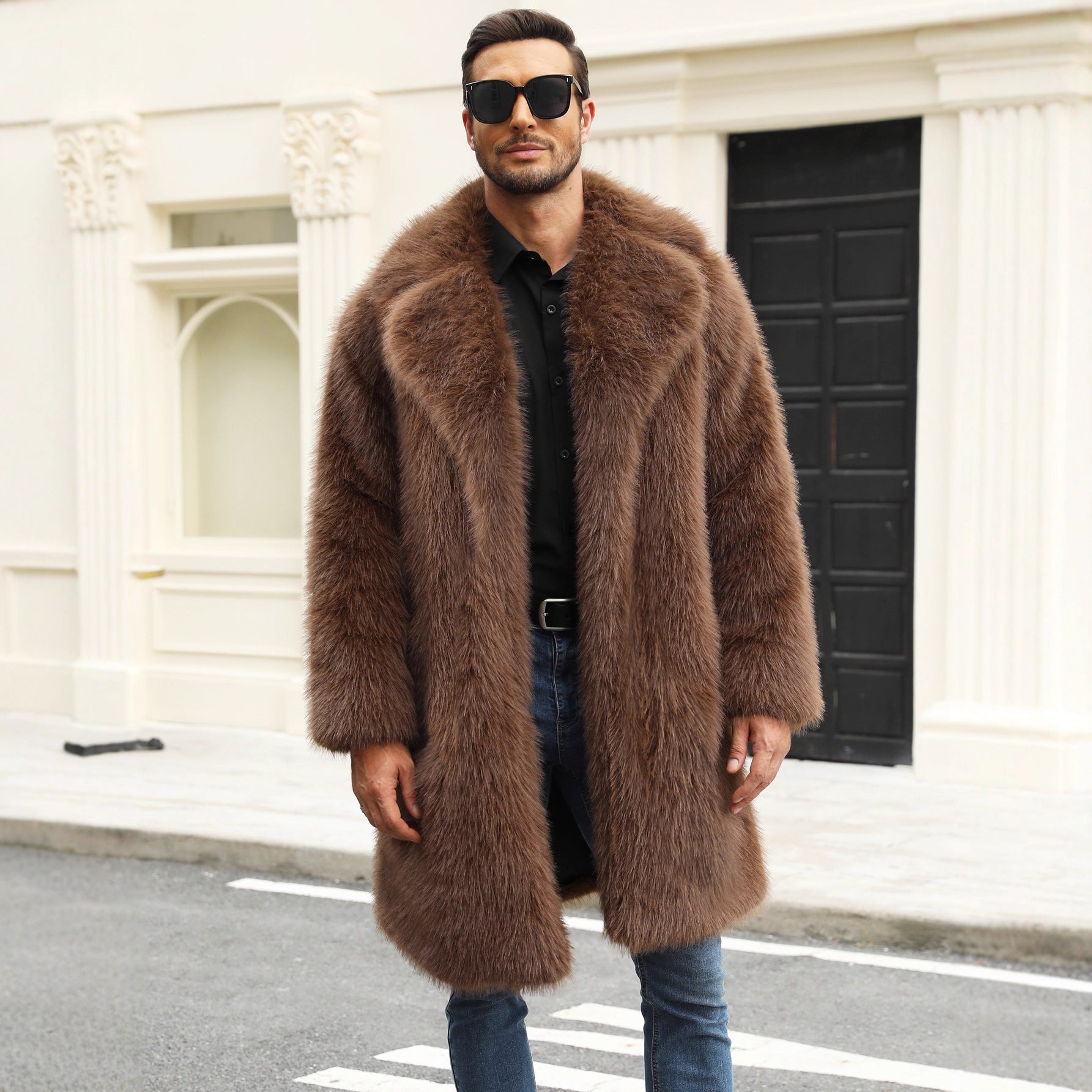 Herren Luxuriöse Kunstpelzjacke mit voluminösem Kragen R&B