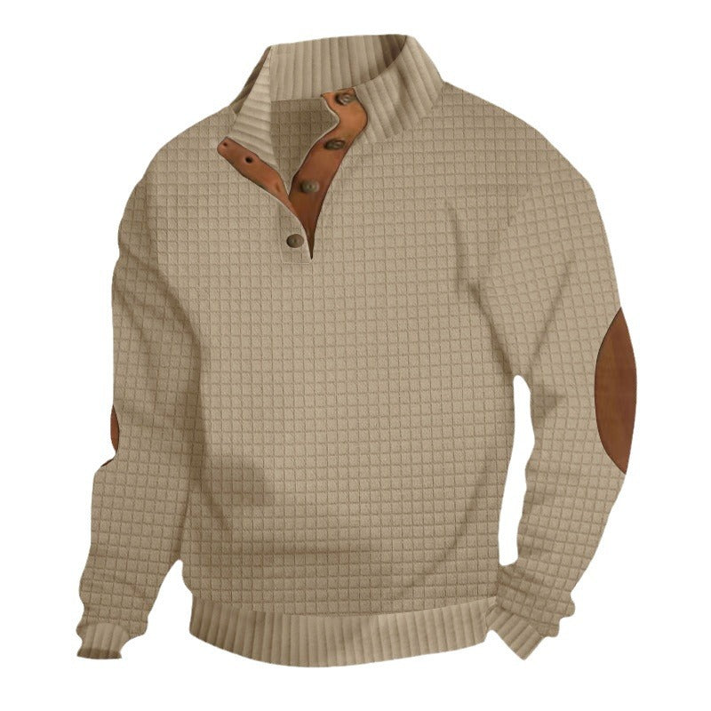 Herren nan strukturierter Ripp-Pullover mit kurzem Knopfkragen und Wildleder-Ellbogenpatches R&B