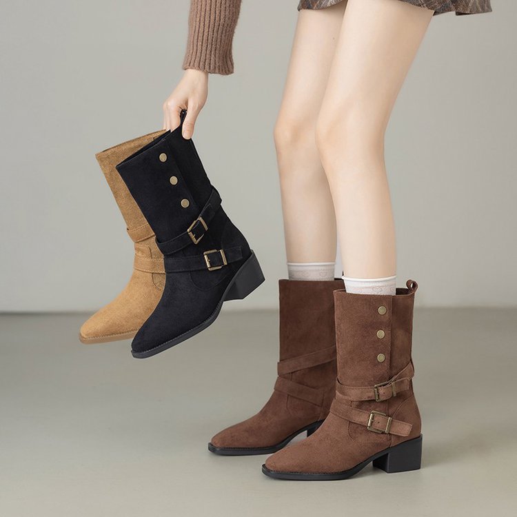 Damen Modische Stiefeletten mit verstellbaren Riemen und robustem Blockabsatz R&B