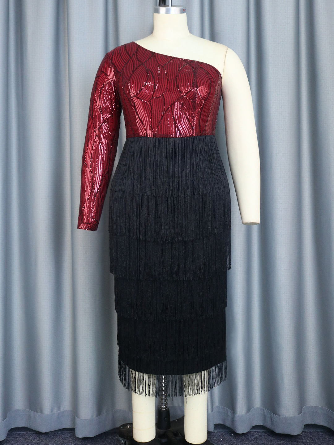 Damen Elegantes Cocktailkleid mit funkelnden Pailletten und Fransen R&B