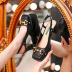 Damen elegante Slingback-Pumps mit modischem Blockabsatz und goldenen Details R&B